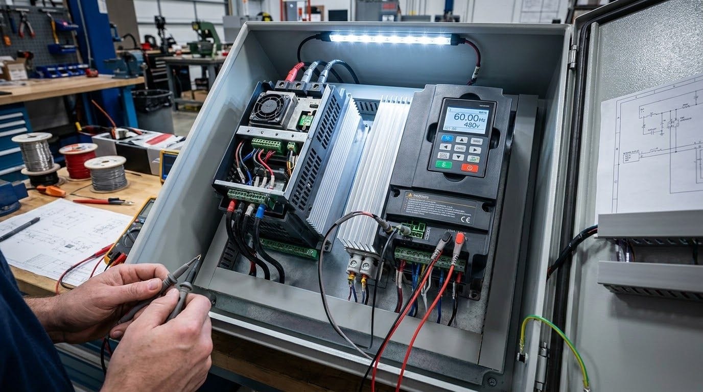 Industrial AC drive undergoing bench diagnostics at the Kinetra Technology workshop in Ahmedabad