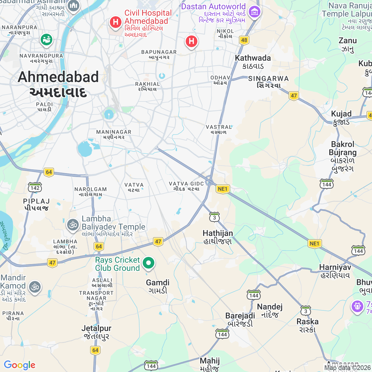Schematic map of the GIDC Vatva industrial estate in Ahmedabad showing the approach roads to the Kinetra Technology workshop
