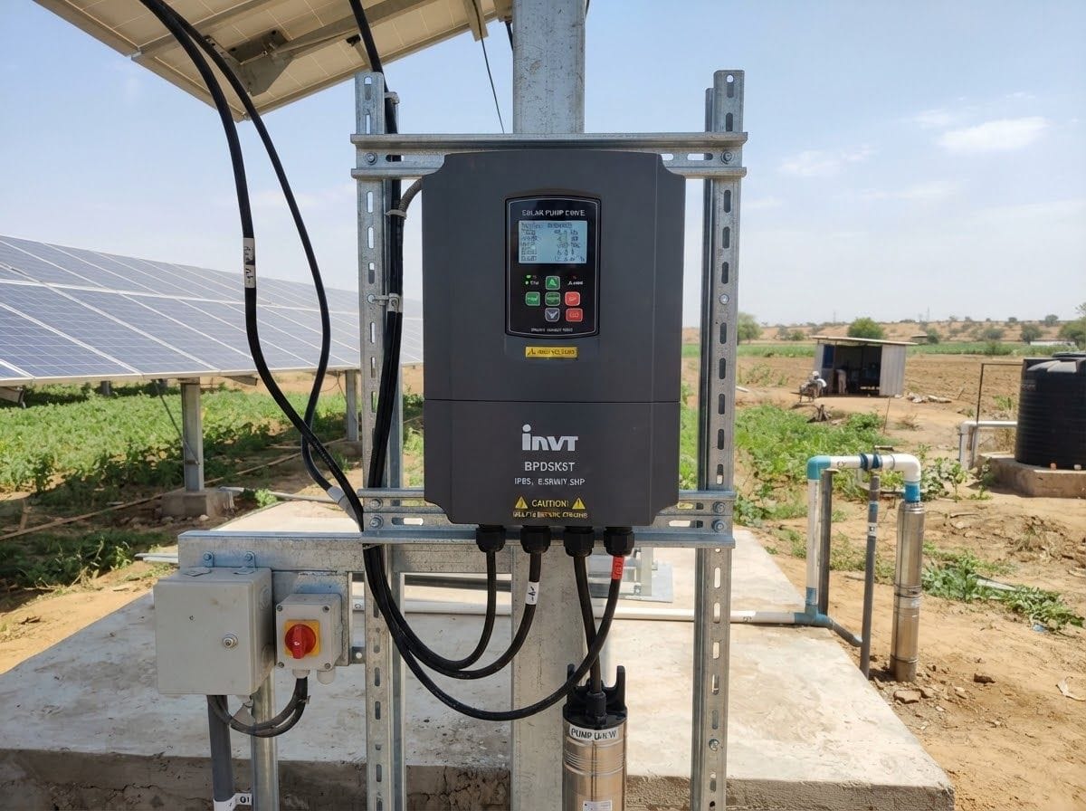 Solar pump inverter drive unit mounted at an agricultural solar water pumping station